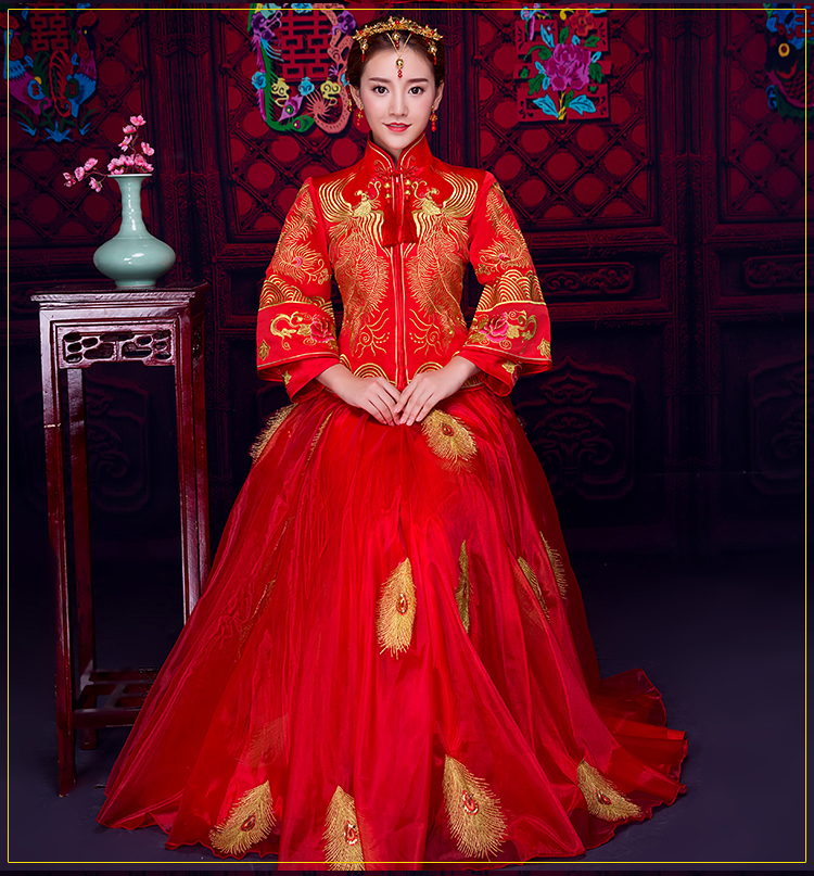 羽毛繡花蕾絲裙新娘禮服，時(shí)尚中式禮服