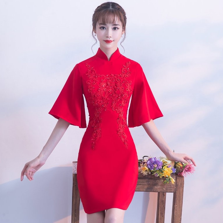 氣質(zhì)小禮服裙，短款紅色中式禮服