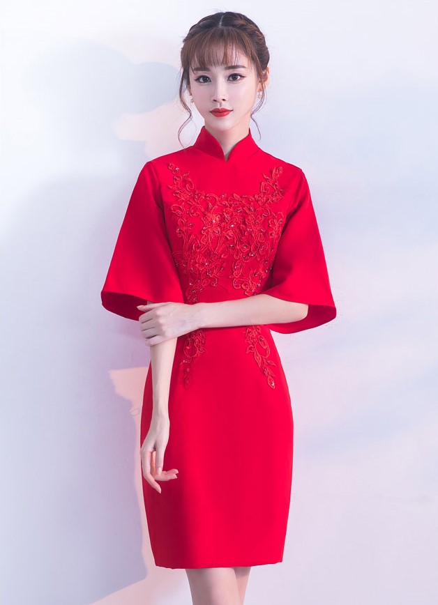 氣質(zhì)小禮服裙，短款紅色中式禮服