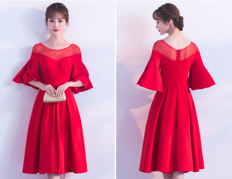 時尚荷葉袖中長款禮服裙，優(yōu)雅網(wǎng)紗中式禮服