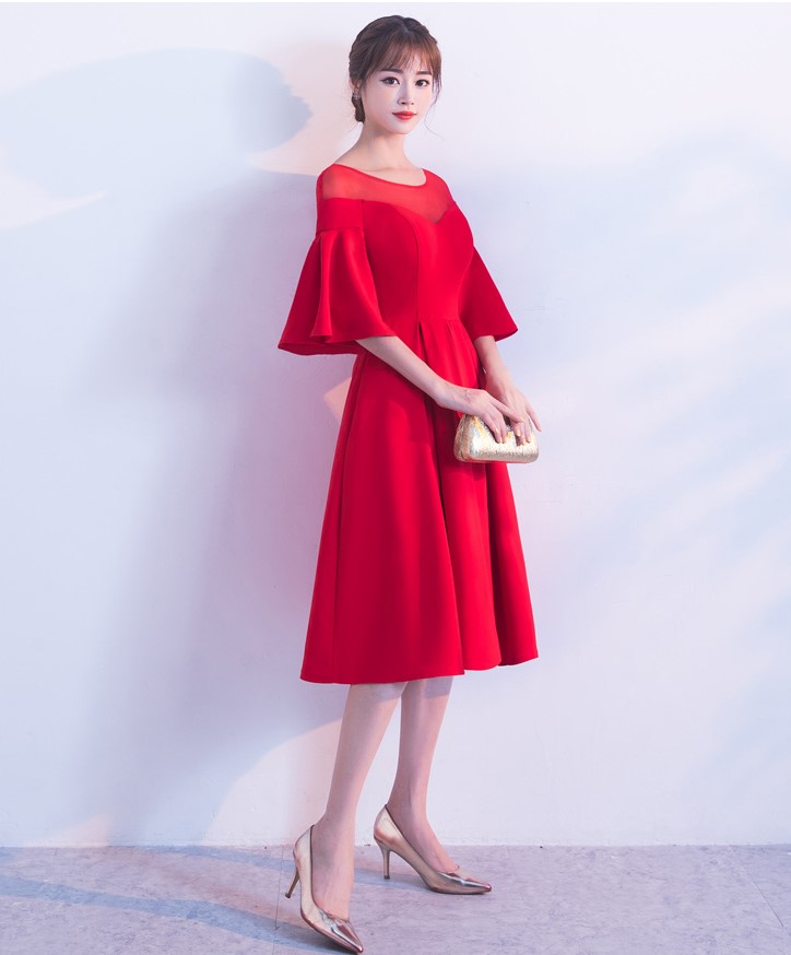 時尚荷葉袖中長款禮服裙，優(yōu)雅網(wǎng)紗中式禮服