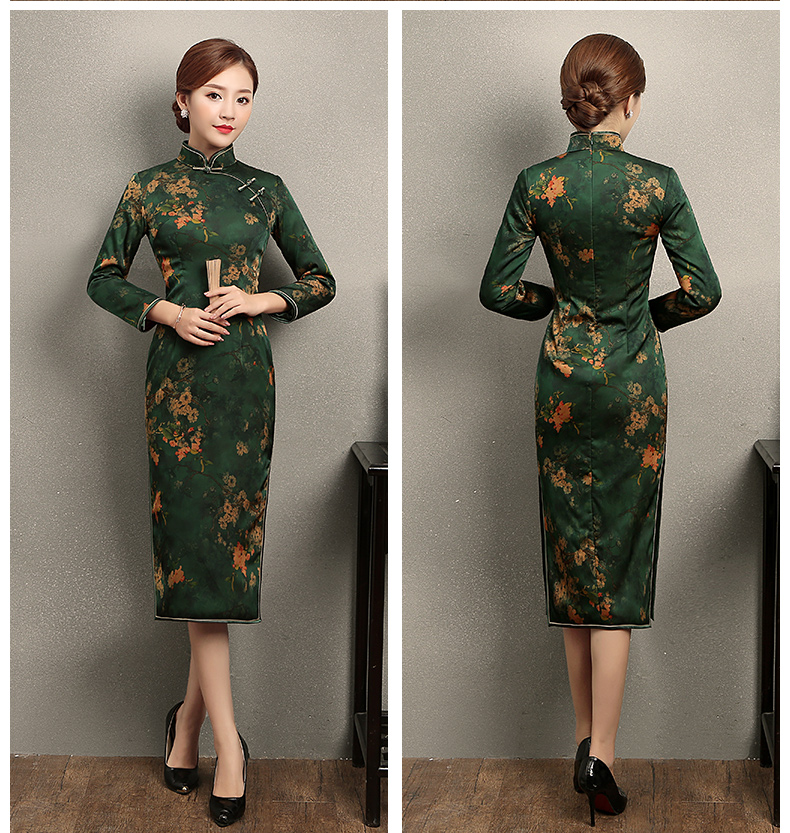 立領(lǐng)斜襟一字扣旗袍，印花修身旗袍裙