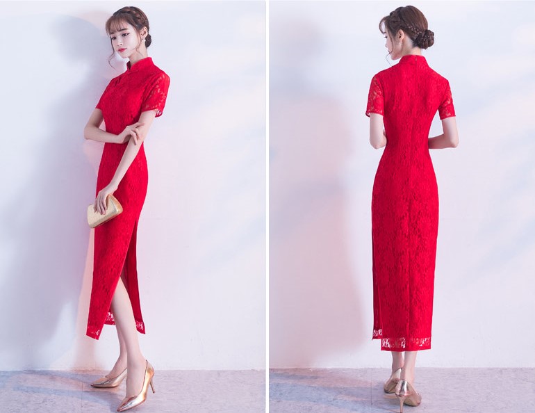 性感開叉紅色旗袍，蕾絲花紋旗袍禮服裙