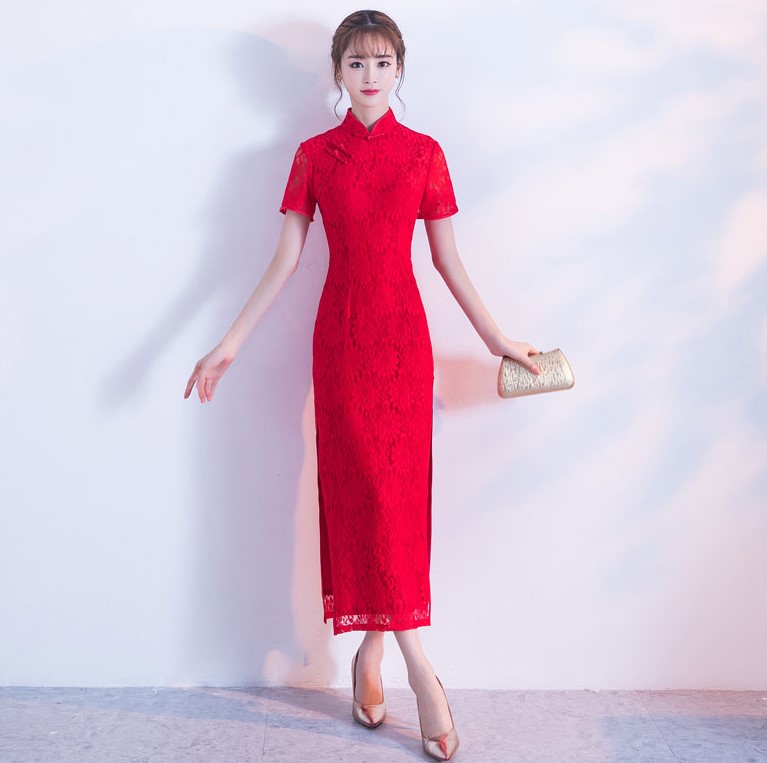 性感開叉紅色旗袍，蕾絲花紋旗袍禮服裙
