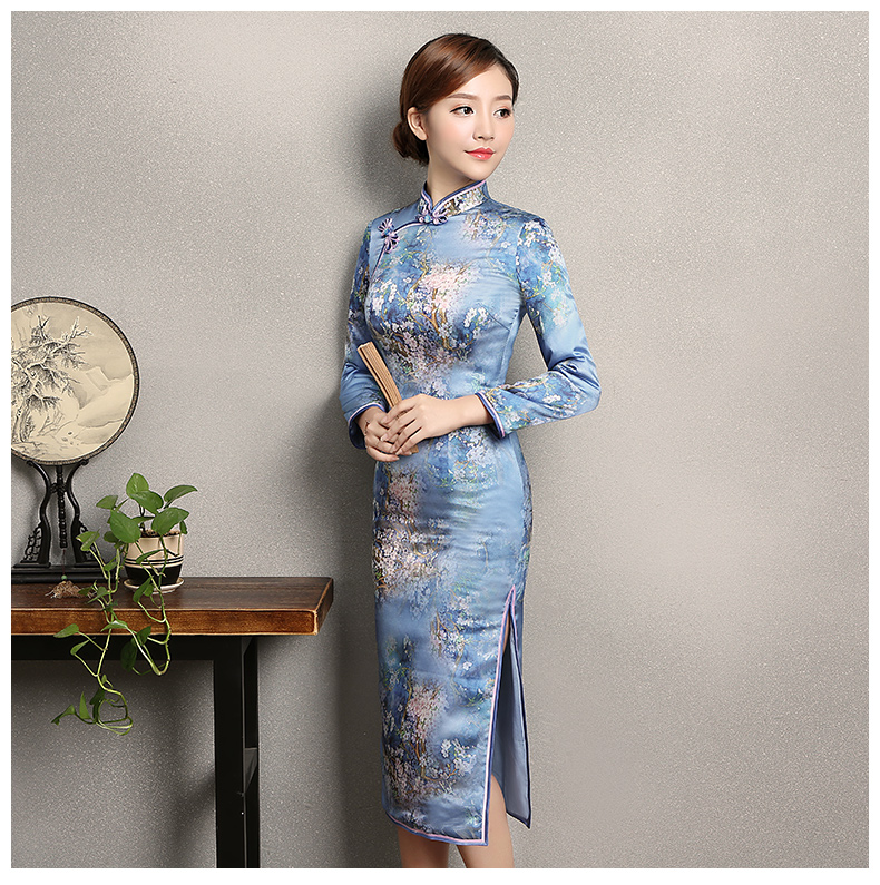藍(lán)色印花開(kāi)叉旗袍，時(shí)尚優(yōu)雅旗袍裙
