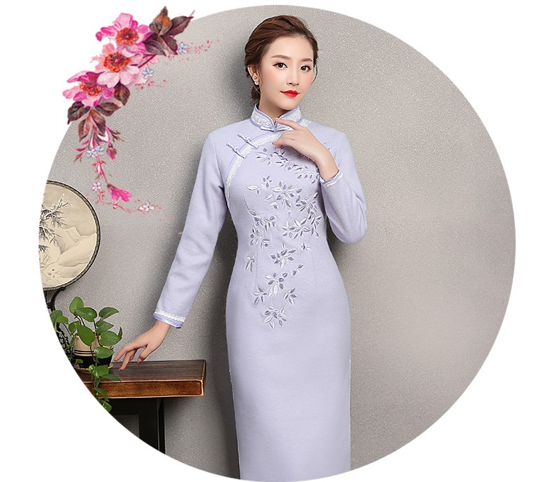 紫色繁花旗袍，復(fù)古刺繡旗袍裙