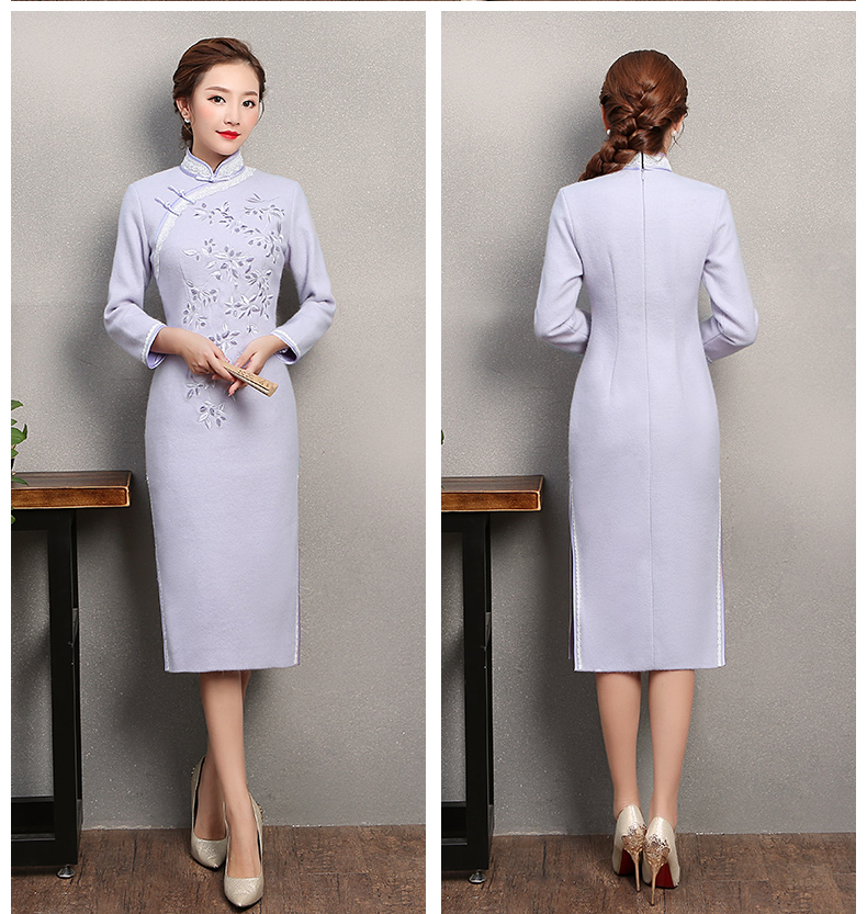 紫色繁花旗袍，復(fù)古刺繡旗袍裙