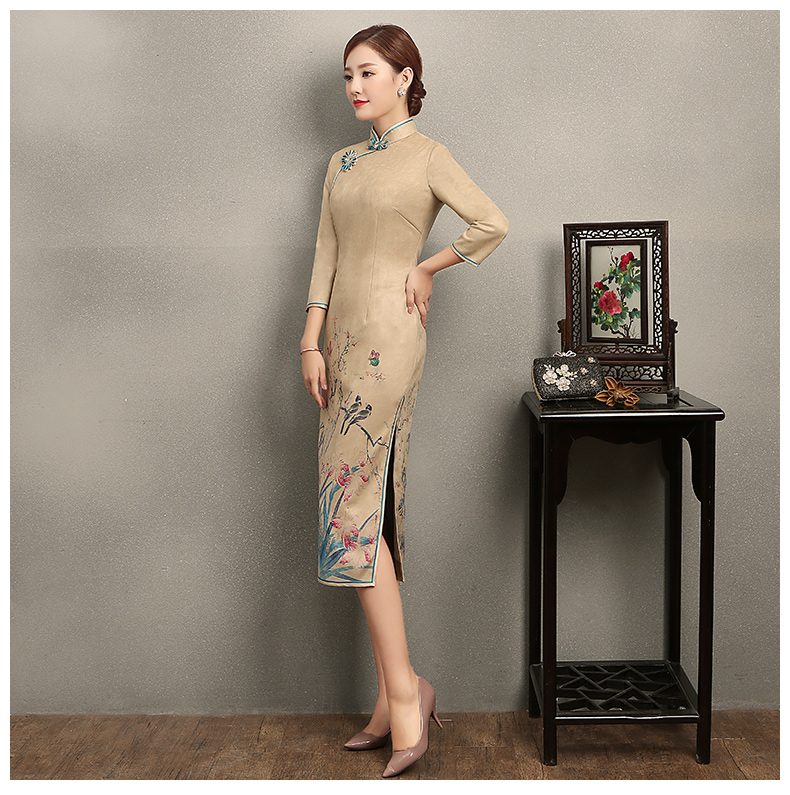 黃色印花相依旗袍，復(fù)古民族風(fēng)旗袍裙