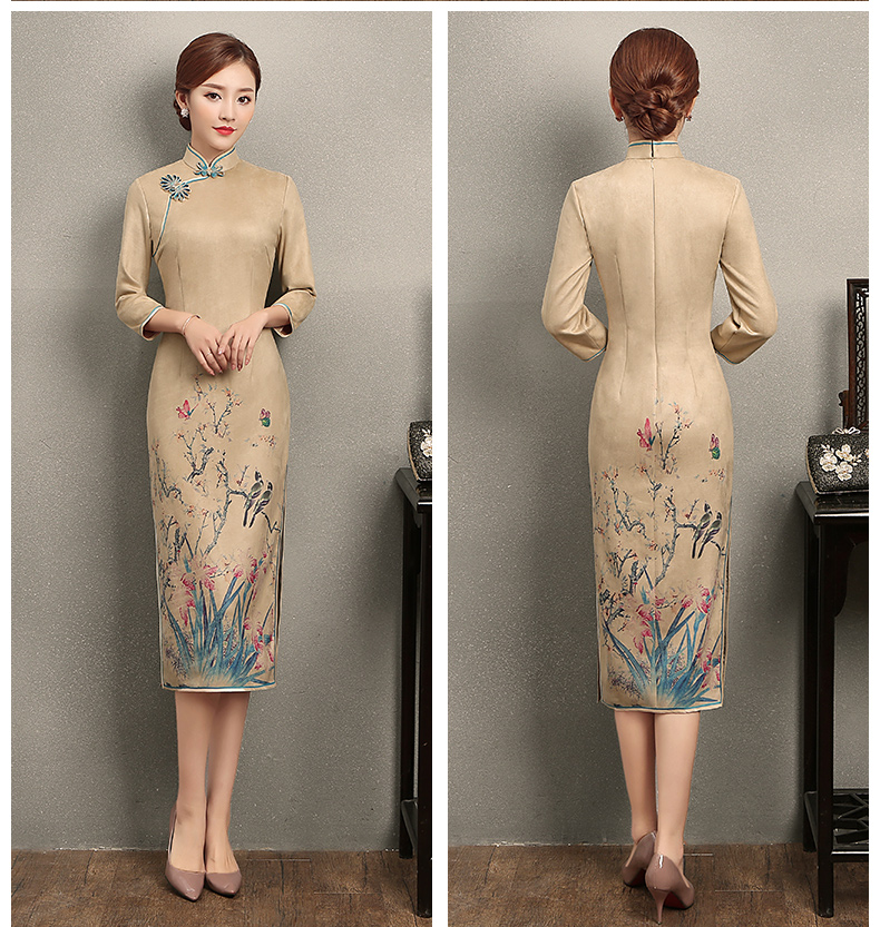 黃色印花相依旗袍，復(fù)古民族風(fēng)旗袍裙