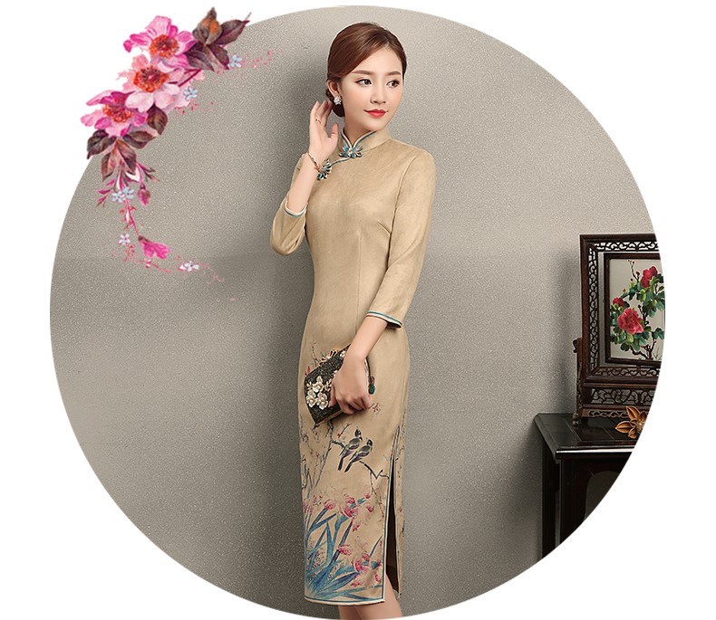 黃色印花相依旗袍，復(fù)古民族風(fēng)旗袍裙