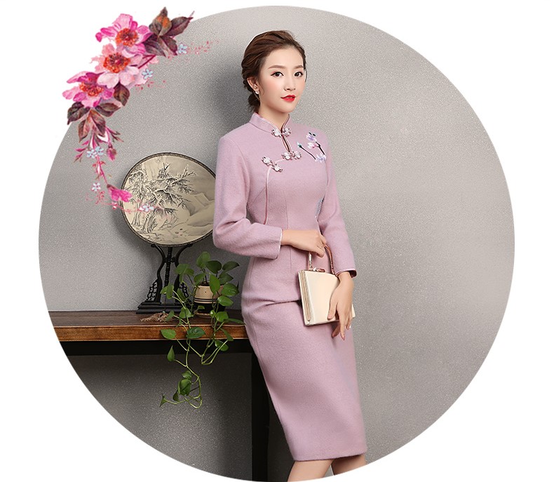 粉紫色繡花旗袍，復(fù)古民族風(fēng)旗袍裙