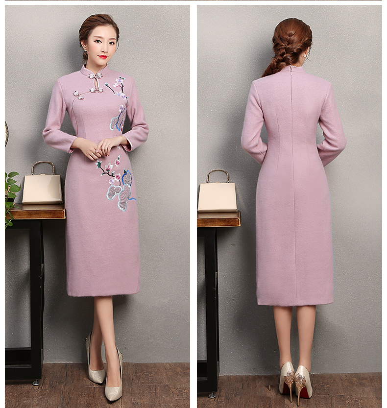 粉紫色繡花旗袍，復(fù)古民族風(fēng)旗袍裙