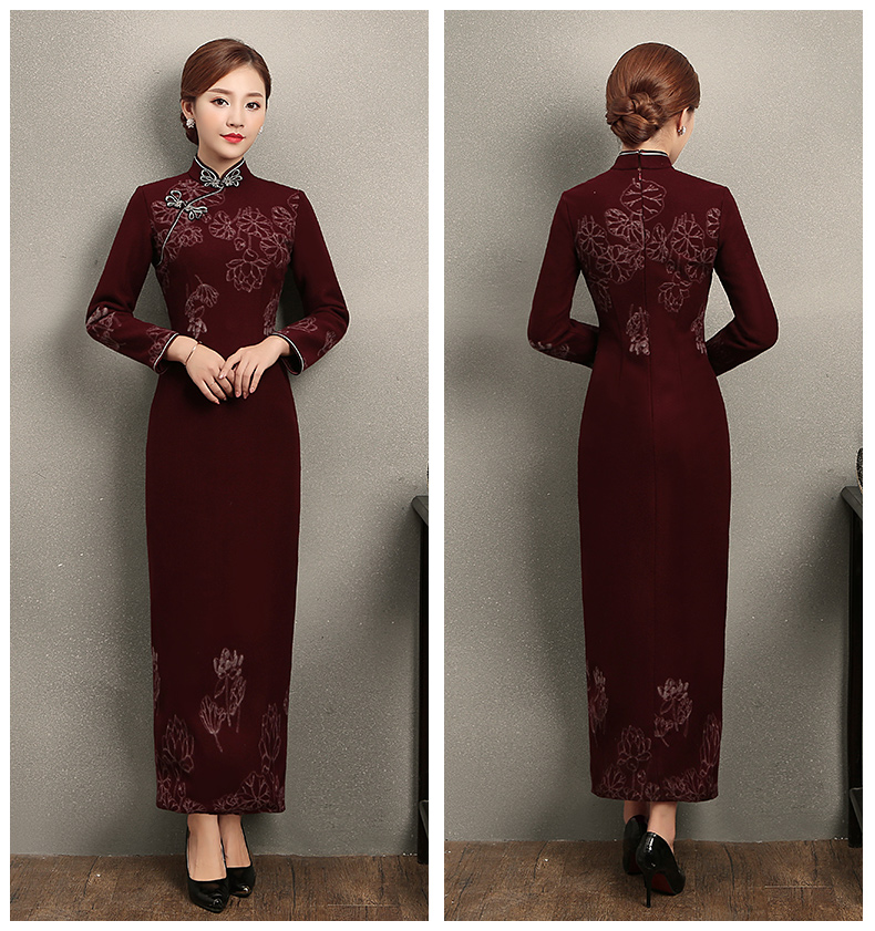 家佳樂文學(xué)荷花刺繡旗袍，復(fù)古中式旗袍裙