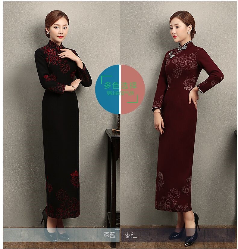 家佳樂文學(xué)荷花刺繡旗袍，復(fù)古中式旗袍裙