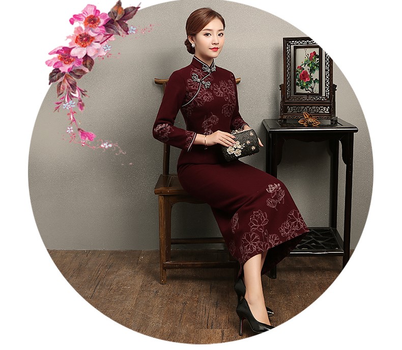 家佳樂文學(xué)荷花刺繡旗袍，復(fù)古中式旗袍裙