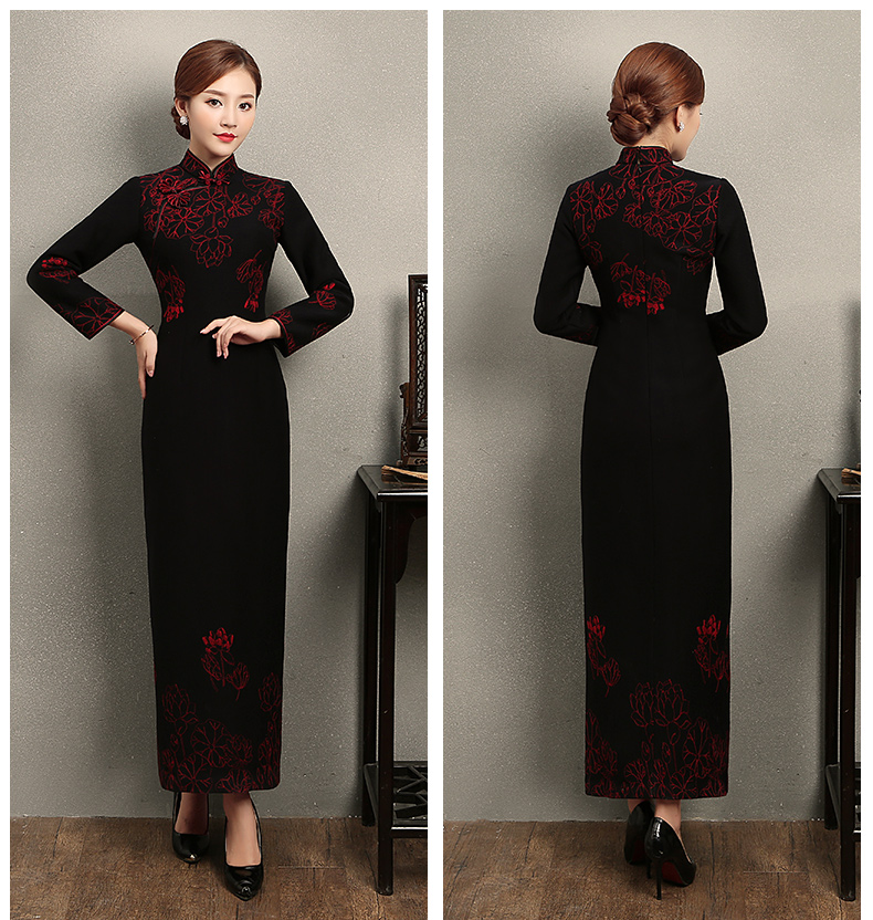 家佳樂文學(xué)荷花刺繡旗袍，復(fù)古中式旗袍裙