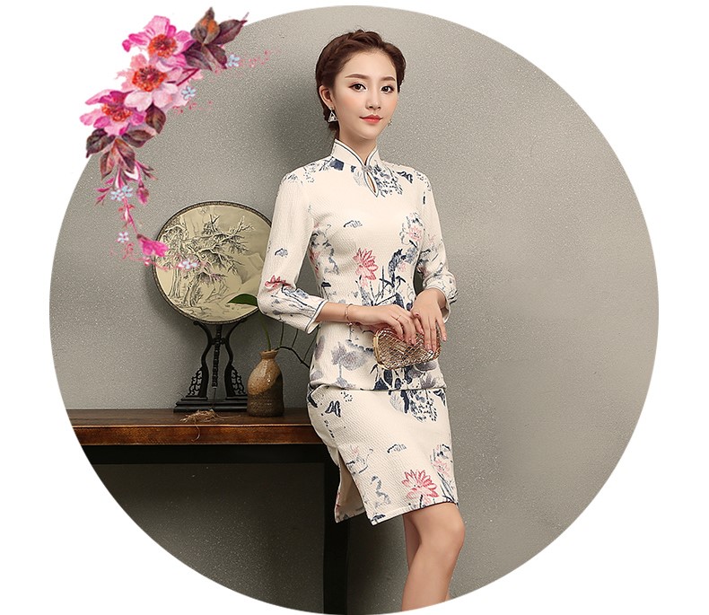 家佳樂(lè)文學(xué)水墨荷花印花旗袍，復(fù)古中式白色旗袍裙
