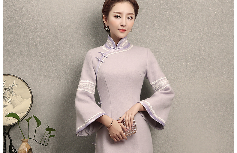 淺紫色花邊旗袍，簡潔大氣的旗袍裙