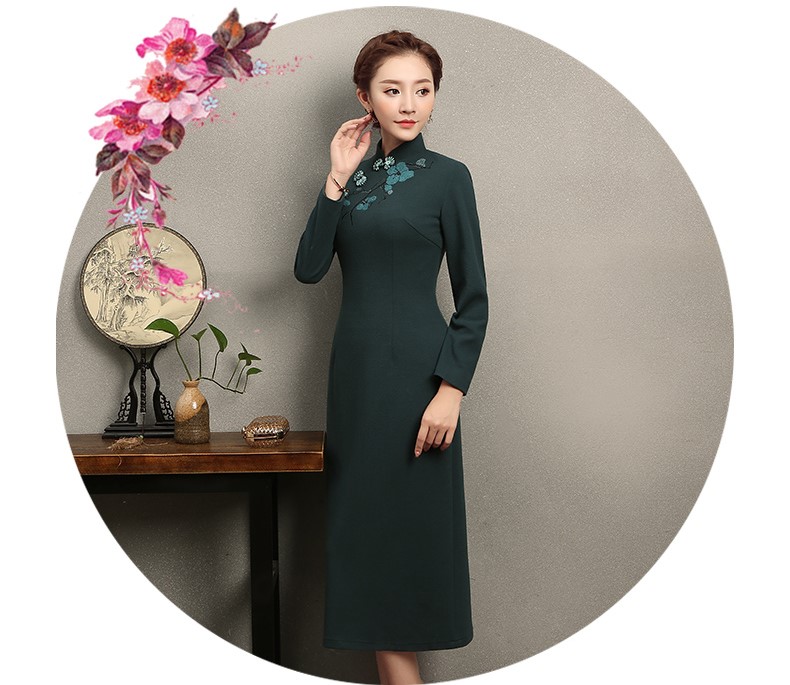 淺墨綠色繡花旗袍，碧嫻復(fù)古旗袍裙