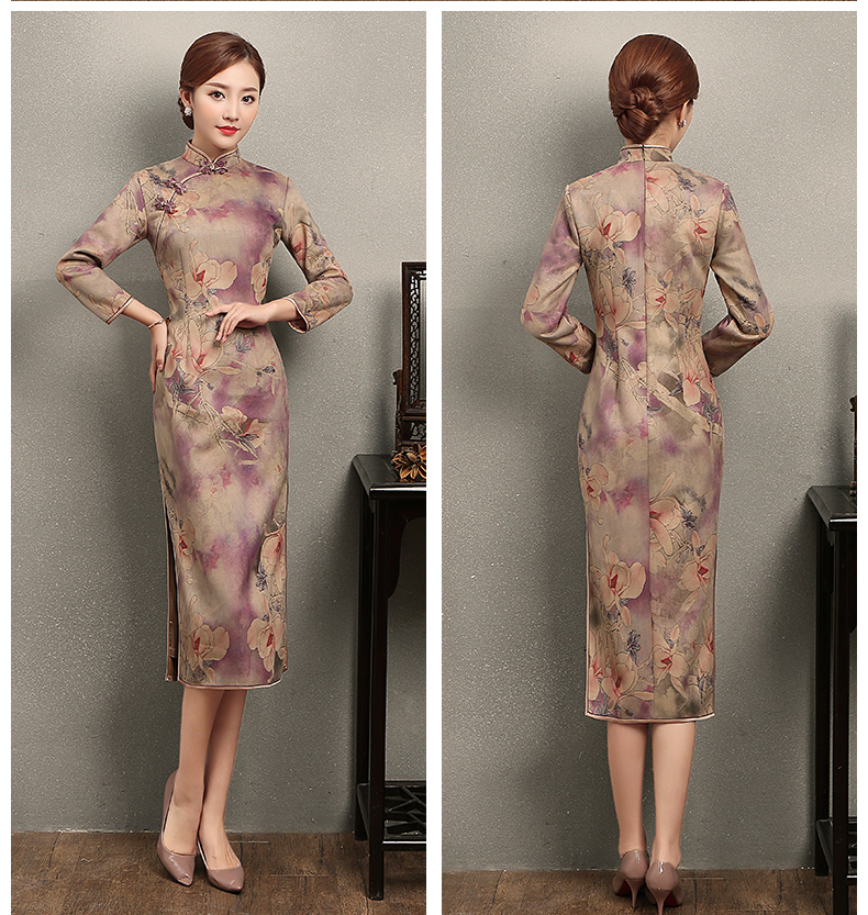 杏灰紫玉蘭印花旗袍，復(fù)古旗袍裙