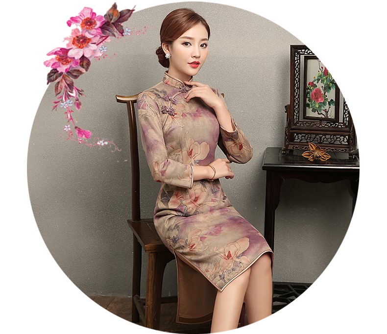 杏灰紫玉蘭印花旗袍，復(fù)古旗袍裙