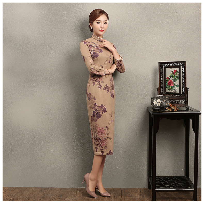 紫云牡丹印花旗袍，復(fù)古風(fēng)旗袍裙