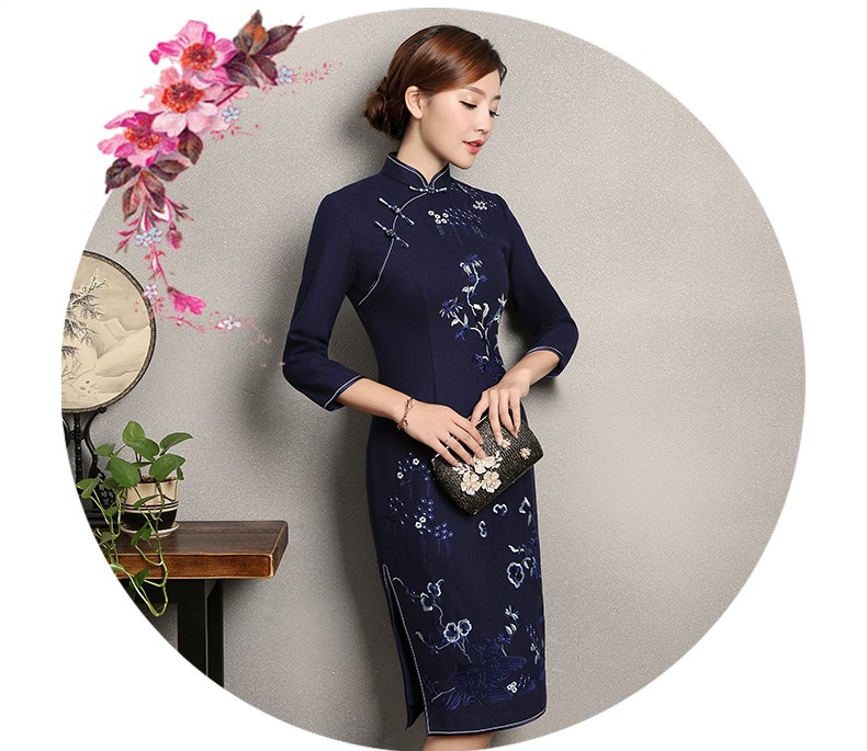 深藍(lán)色繡花旗袍，復(fù)古風(fēng)旗袍裙