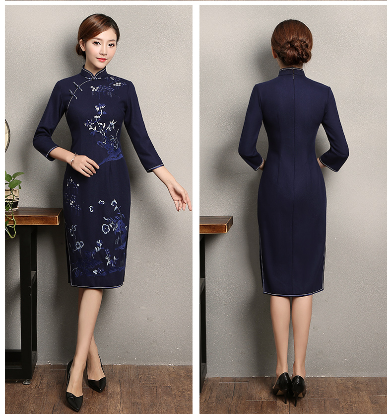 深藍(lán)色繡花旗袍，復(fù)古風(fēng)旗袍裙