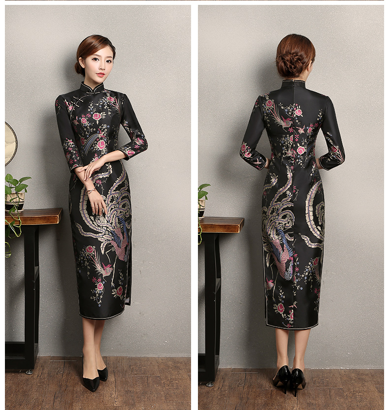 黑色鳳鳥提花旗袍，復(fù)古風(fēng)旗袍裙