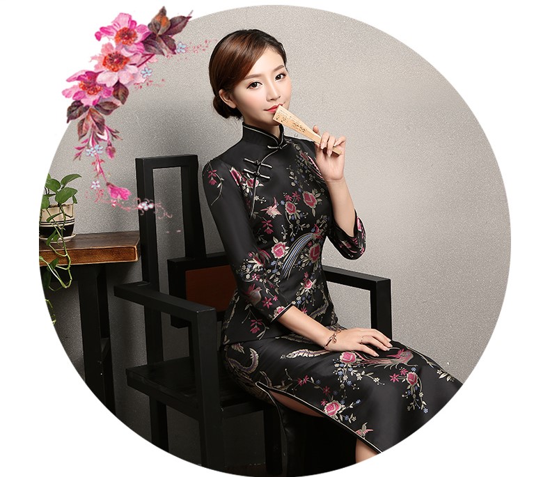 黑色鳳鳥提花旗袍，復(fù)古風(fēng)旗袍裙