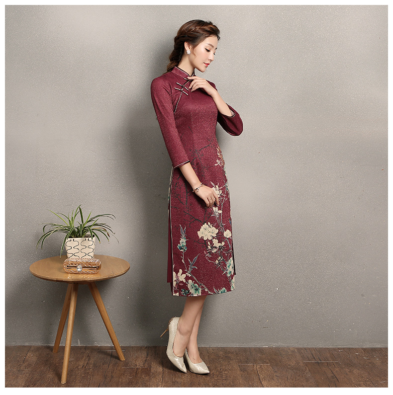 棗紅色奧黛風(fēng)旗袍，復(fù)古中式旗袍裙