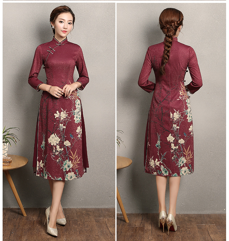 棗紅色奧黛風(fēng)旗袍，復(fù)古中式旗袍裙