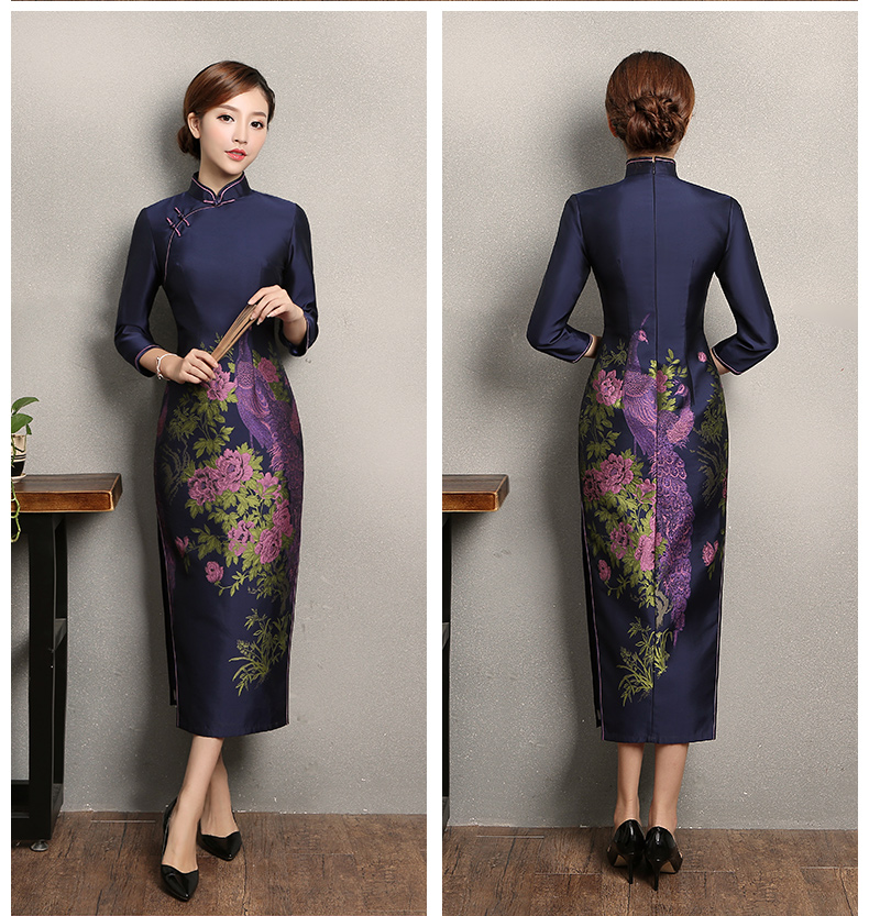 寶藍色孔雀提花旗袍，復古中式旗袍裙