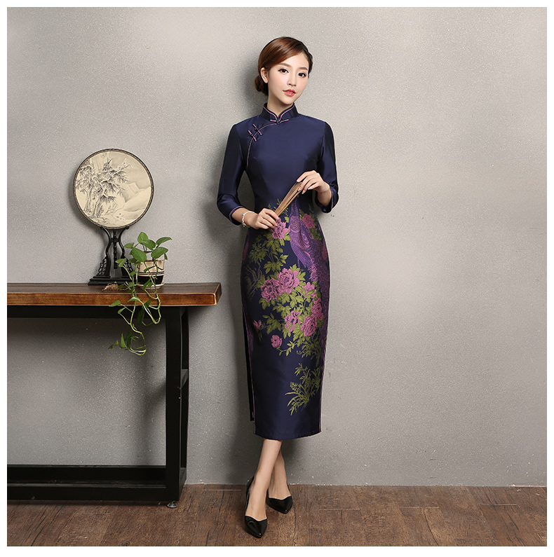 寶藍色孔雀提花旗袍，復古中式旗袍裙