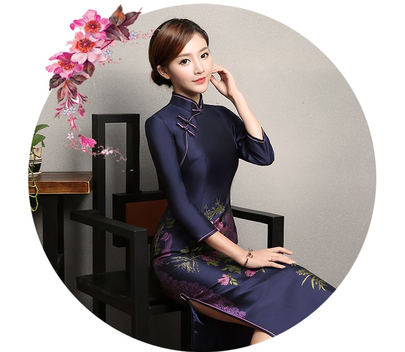 寶藍色孔雀提花旗袍，復古中式旗袍裙