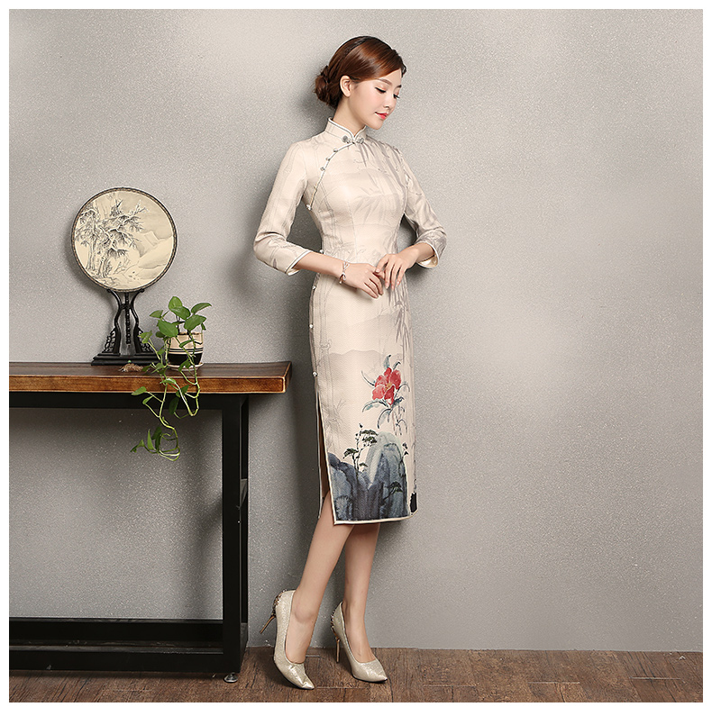 水墨山水印花染旗袍，復(fù)古家佳樂文學(xué)旗袍裙