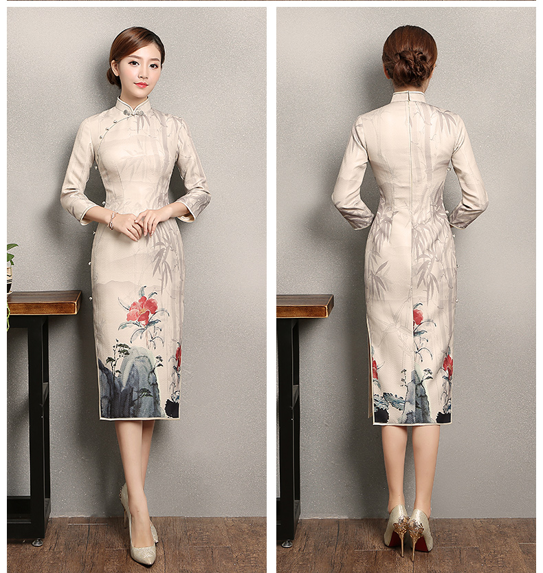 水墨山水印花染旗袍，復(fù)古家佳樂文學(xué)旗袍裙