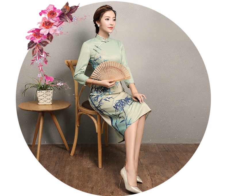 淡綠羞竹印花旗袍，時(shí)尚家佳樂文學(xué)旗袍裙