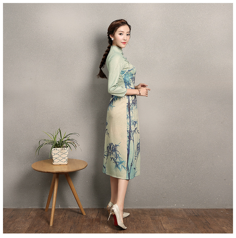 淡綠羞竹印花旗袍，時(shí)尚家佳樂文學(xué)旗袍裙