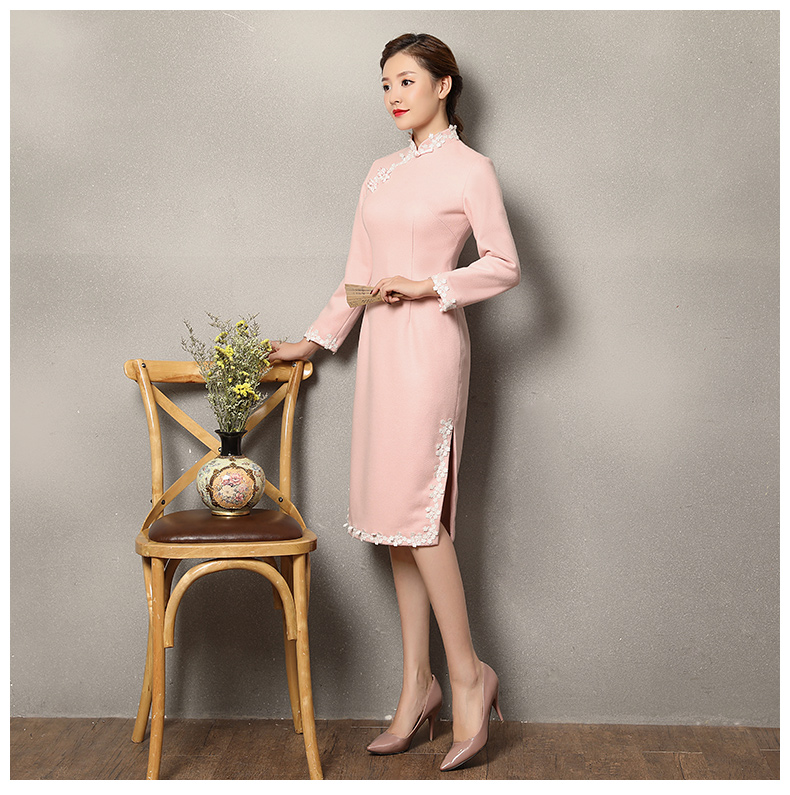 粉色蕾絲花邊旗袍，清純淑女旗袍裙