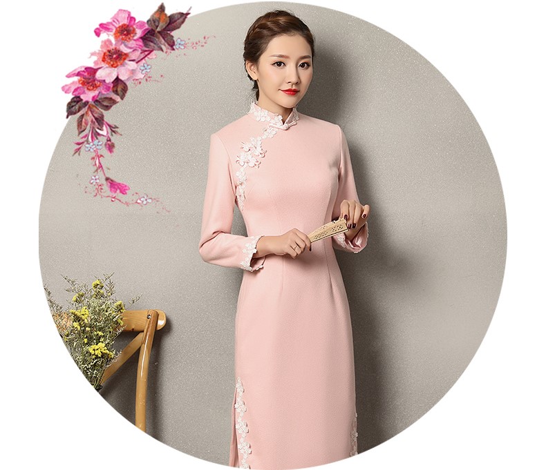 粉色蕾絲花邊旗袍，清純淑女旗袍裙