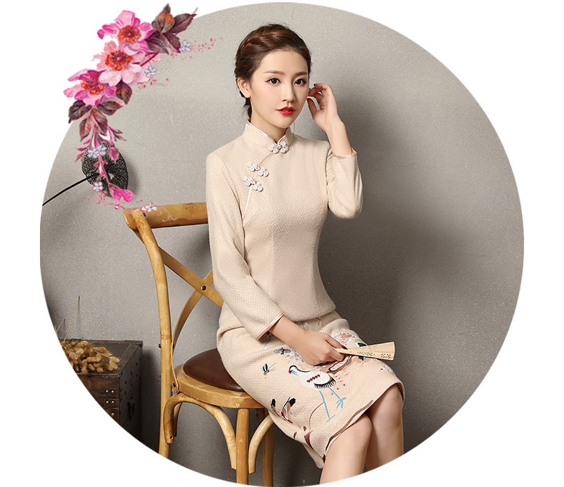 錦鶴刺繡旗袍，家佳樂文學(xué)旗袍裙