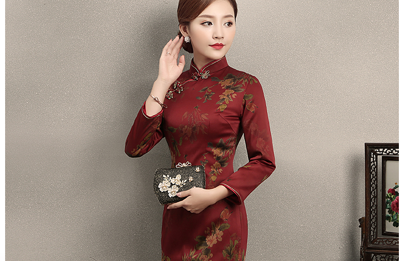 深紅色印花旗袍，復(fù)古家佳樂文學(xué)旗袍裙