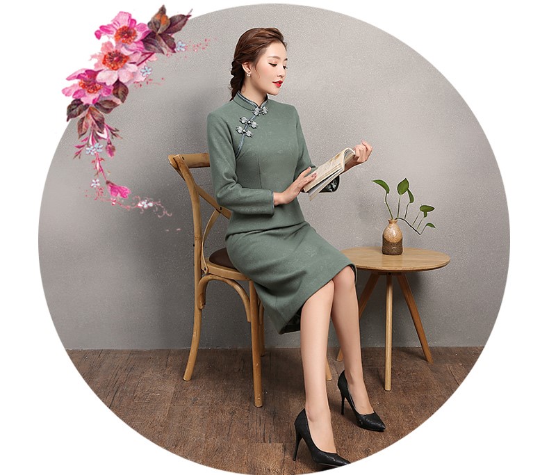 素凈灰綠色旗袍，復(fù)古家佳樂(lè)文學(xué)旗袍裙
