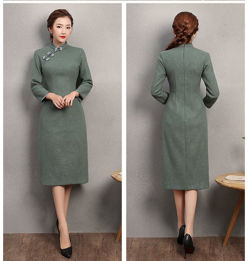 素凈灰綠色旗袍，復(fù)古家佳樂(lè)文學(xué)旗袍裙