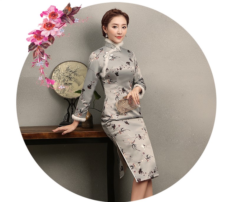 花仟淺灰藍旗袍，兔毛包邊冬季旗袍裙