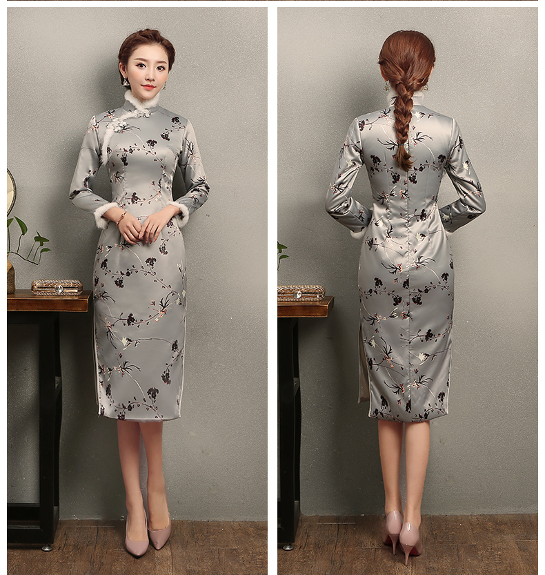 花仟淺灰藍旗袍，兔毛包邊冬季旗袍裙