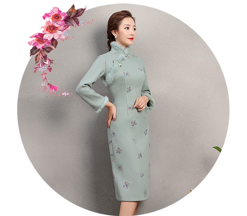 粉綠色舞蝶旗袍，兔毛包邊冬季旗袍裙