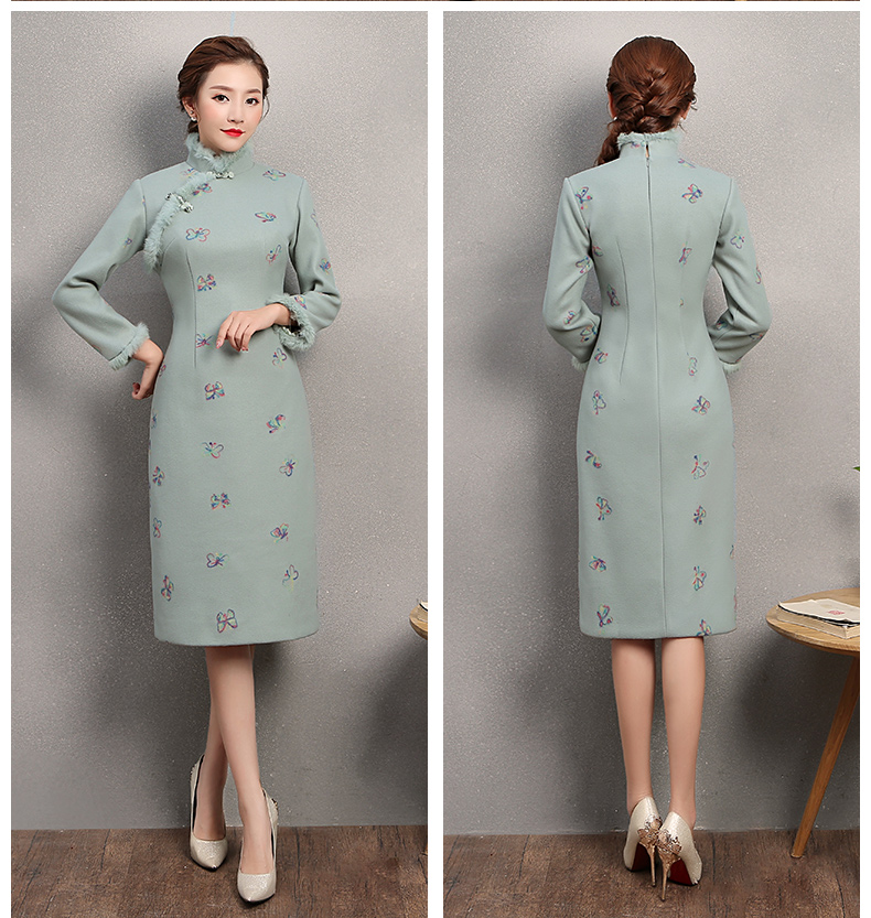 粉綠色舞蝶旗袍，兔毛包邊冬季旗袍裙