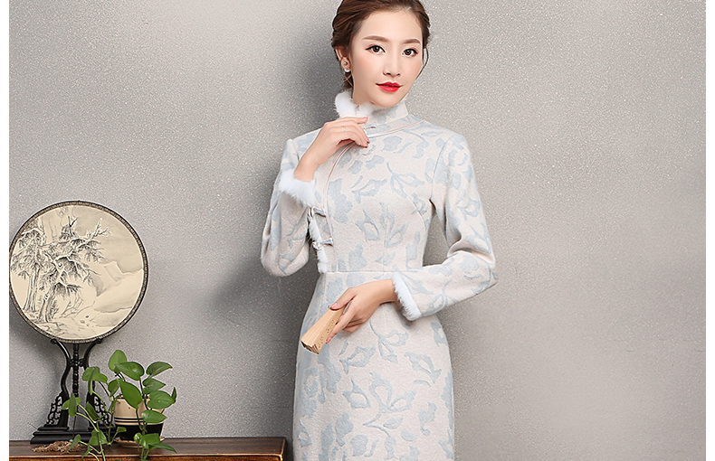 素凈淡雅旗袍，兔毛立領(lǐng)冬季旗袍裙